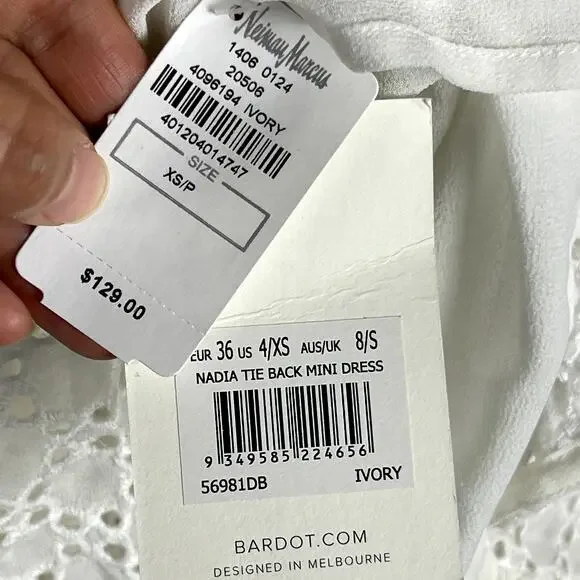 Bardot Nadia Tie Back Mini Eyelet Dress Womens 4 Ivory Ruffle Puff Sleeve NWT - Picture 9 of 16